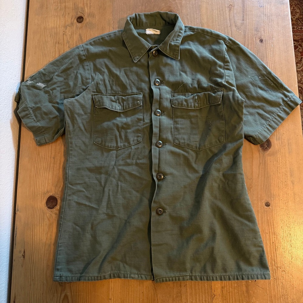 Vintage US Military OG 107 Utility Shirt Mens Olive Green Short Sleeve Medium